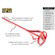 An image showing a Drill Fit Paddle Mixer Stirrer Power Whisk and information about it. Such as being 16inch or 400mm long and that it can be used on paint, Wood stain, Plaster, Screed, Artex and Paste,