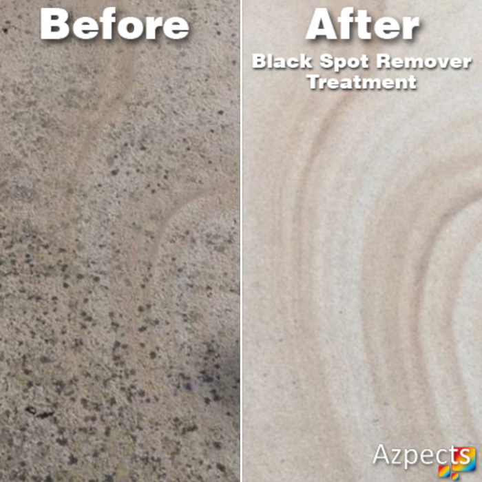 An image of stone that shows an example of the before and after results from using Azpects Black Spot Remover. It has cleared away the black spot and brings out the original tones and colour of the stone.