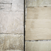 An image of patio slabs with before and after images showing the result of removing old sealer. It has removed all of the white stains and peeling old sealer and brought the slab back to new.