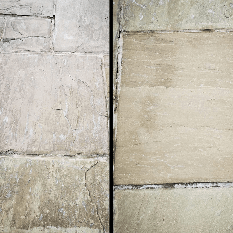 An image of patio slabs with before and after images showing the result of removing old sealer. It has removed all of the white stains and peeling old sealer and brought the slab back to new.