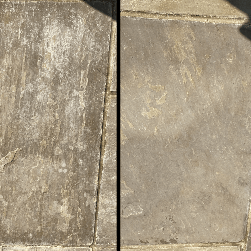 An image of patio slabs with before and after images showing the result of removing old sealer. It has removed all of the white stains and peeling old sealer and brought the slab back to new.