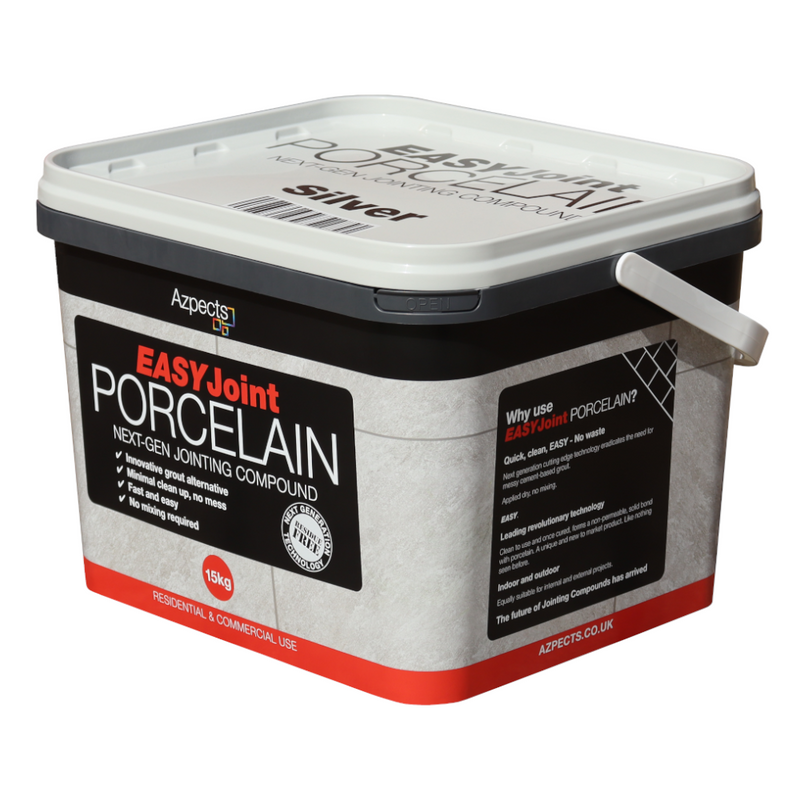 An image of Azpects EasyJoint Porcelain Next-Gen Jointing Paving Compound in a 15kg tub in the colour Silver.