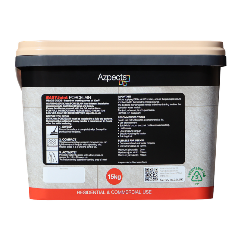 An image of the back of Azpects EasyJoint Porcelain Next-Gen Jointing Paving Compound in a 15kg tub in the colour White Gold