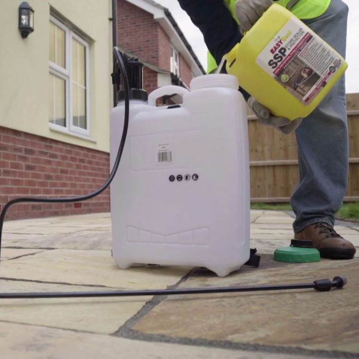 An image of a tub of EASYseal stone seal and protector 5 litres being poured into a sprayer