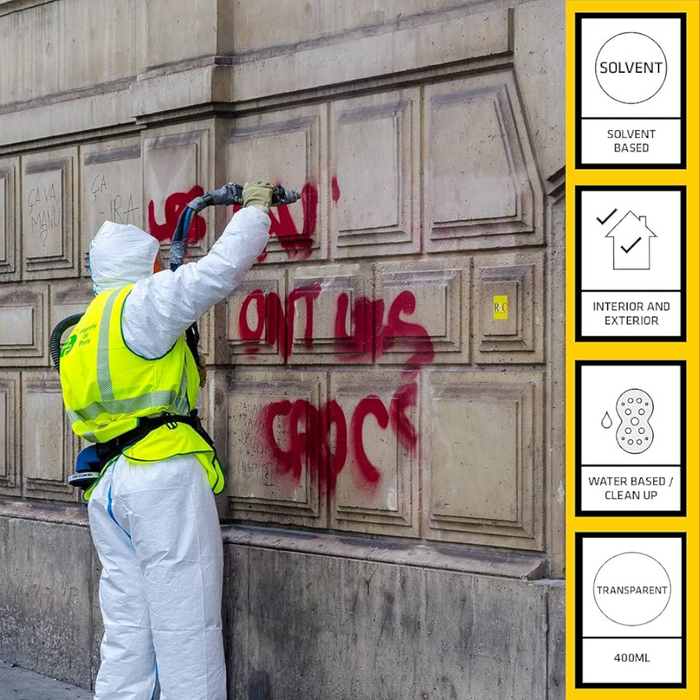 An image of Graffiti with some features of using Everbuild ASBO Graffiti Remover Spray. Solvent Based, for Interior and Exterior, Water Based clean up, Transparent, 400ml.