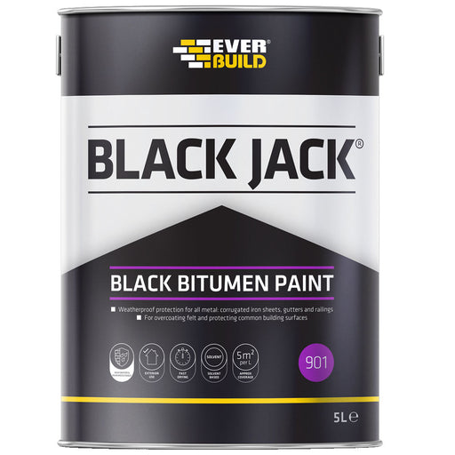 An image of a tin of Everbuild Black Jack Bitumen Paint 901 against a white background