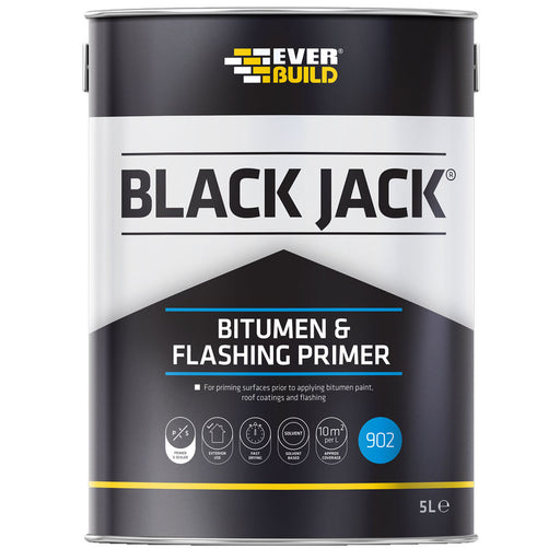 An Image of a tin of Everbuild Black Jack Bitumen & Flashing Primer 902 against a white background