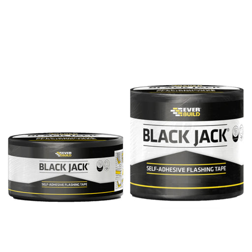 An image of two different sizes of Everbuild Black Jack Self Adhesive Flashing Tape.