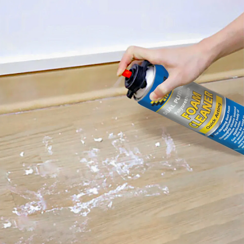An image showing a 500ml aerosol can of Everbuild Dual Purpose Foam Cleaner being used to clean up one excess hardened foam.