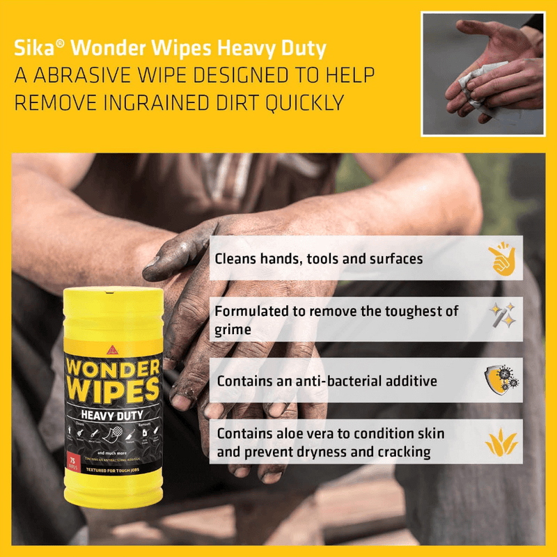 An image of the features that Everbuild Heavy Duty Wonder wipes have