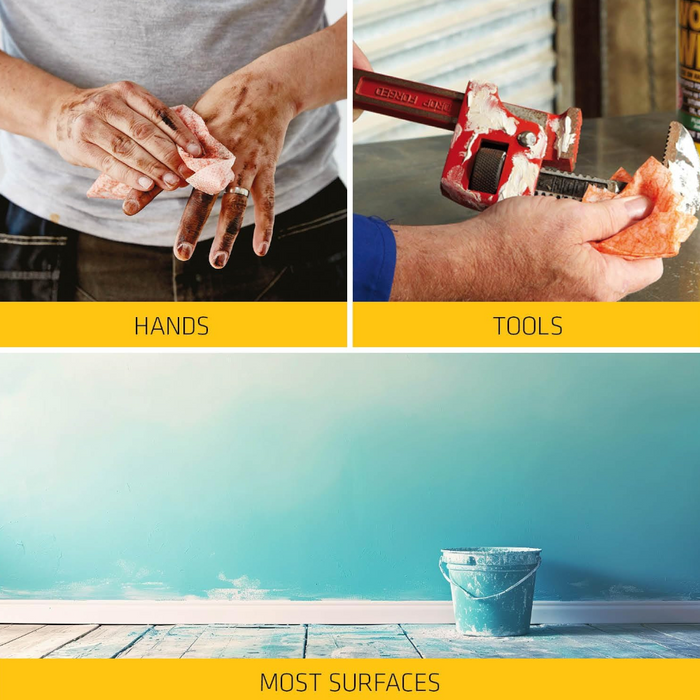 An image of the features that Everbuild Heavy Duty Wonder wipes have and that it can be used on hands, tools and most surfaces.