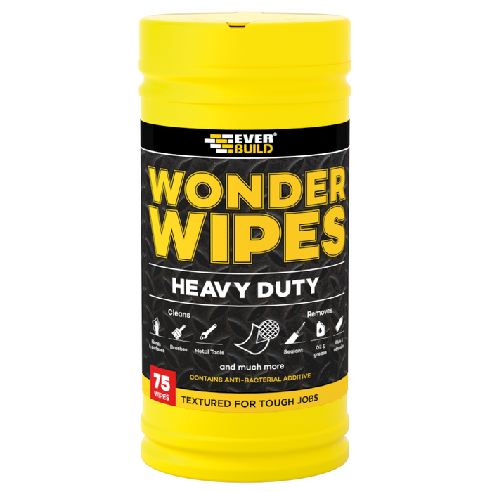 An image of Everbuild Heavy Duty Wonder wipes in a tub of 75