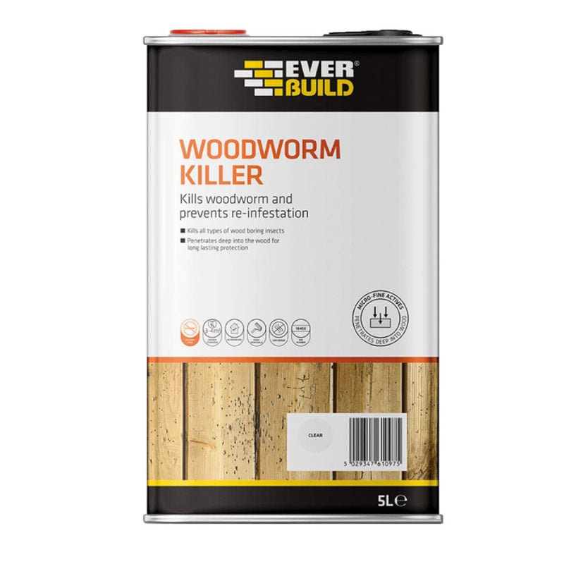 An image of a Everbuild Lumberjack Woodworm Killer in a 5ltr tin