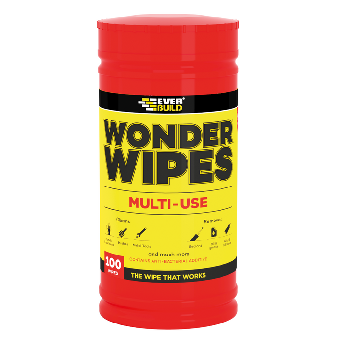 An image of Everbuild Multi-Use Wonder Wipes in a tub of 100 