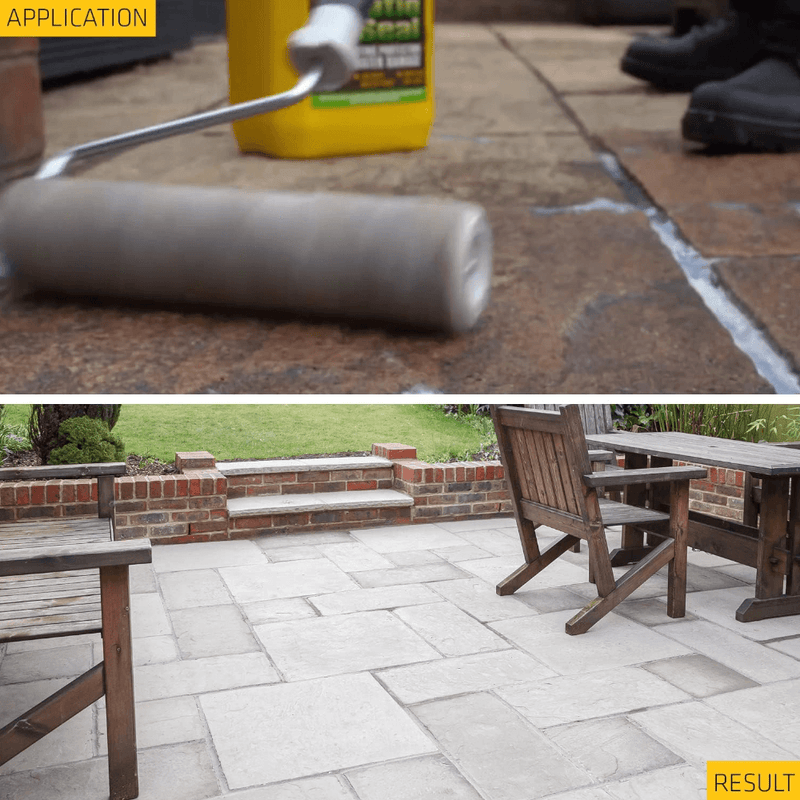 An image of the before and after using Everbuild Path & Patio seal