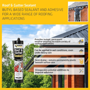 An image of Everbuild Roof & Gutter sealant and some of its features.