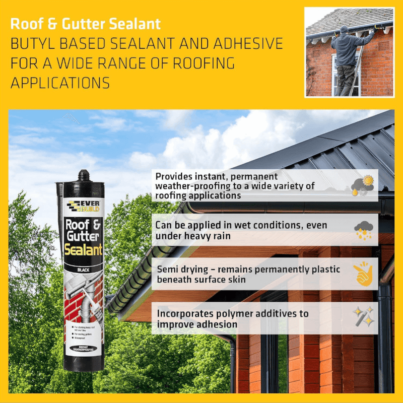 An image of Everbuild Roof & Gutter sealant and some of its features.