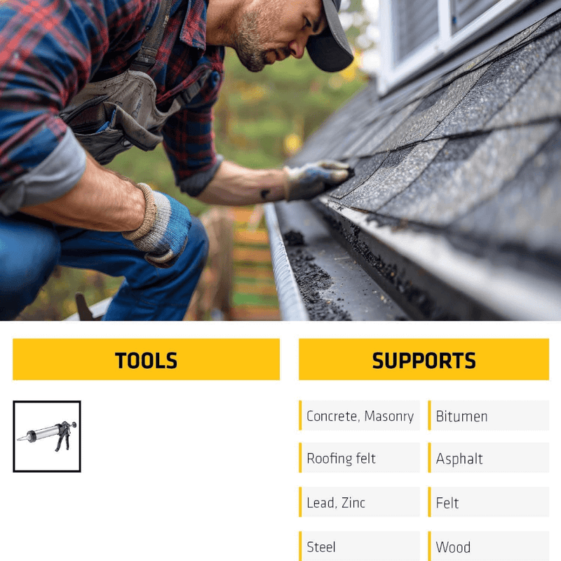 An image of Everbuild Roof & Gutter sealant and some of its features.