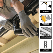 An image of some of the features of Everbuild Roof & Gutter sealant. It is for Exterior Use, Weather Resistant, can be used on Multiple Materials, a Gap Filler