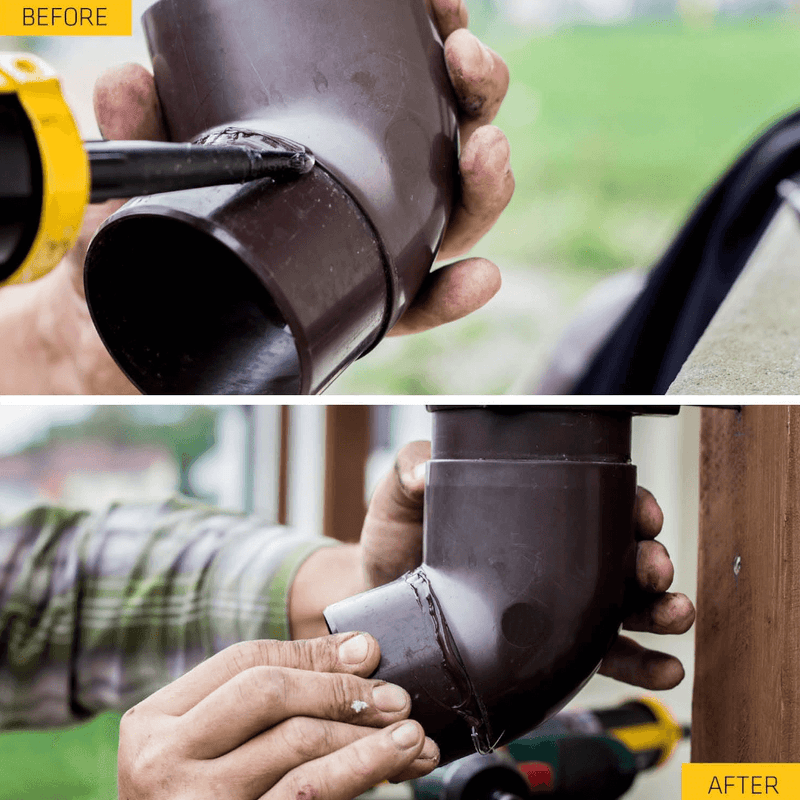 An image of the end of a downpipe that has been sealed with Everbuild Roof & Gutter sealant.