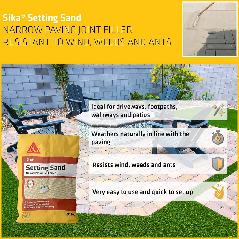 An image stating some features of Sika Setting Sand. That it is ideal for driveways, footpaths, walkways and patios. Weathers naturally in line with the paving. Resists wind, weeds and ants. Very easy to use and quick to set up.