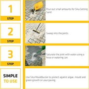 Step-by-step guide for using Sika Setting Sand on paving stones with images and text.