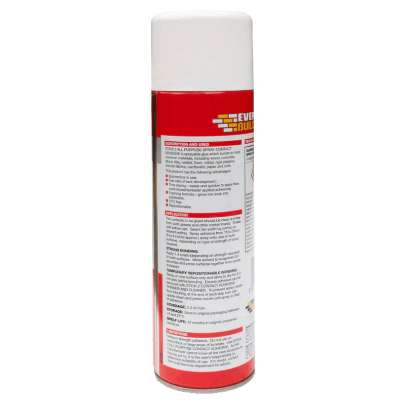An image of the back of Everbuild Stick2 Spray Contact Adhesive in a 500ml spray can
