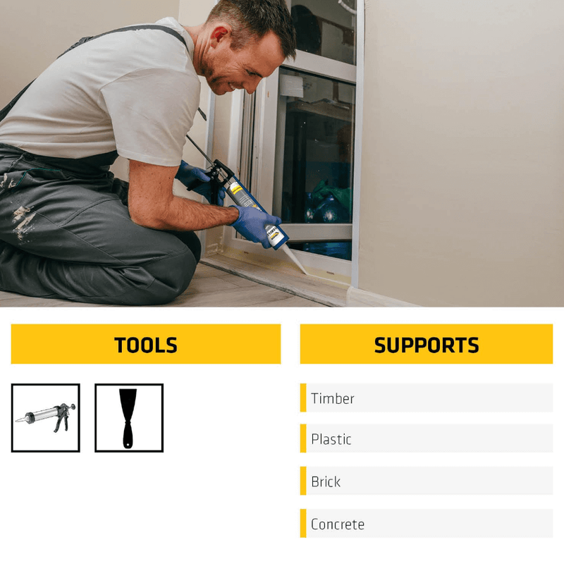 An image of Everbuild Everflex one hour Caulk 125 C3 being used to seal and fill the bottom of a door.