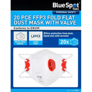 An image showing the box of FFP3 P3 Blue Spot Fold Flat Dust Masks. They are white face masks with a red valve and 'Blue Spot' branding against a white background