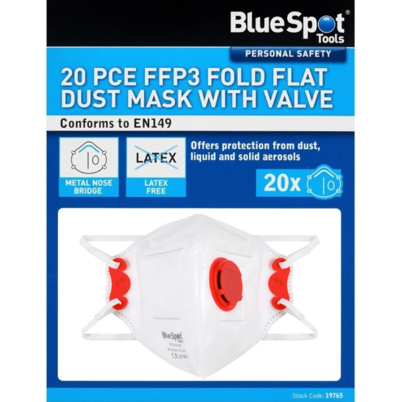 An image showing the box of FFP3 P3 Blue Spot Fold Flat Dust Masks. They are white face masks with a red valve and 'Blue Spot' branding against a white background