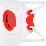 An image showing a FFP3 P3 Blue Spot Fold Flat Dust Mask. It is a white face mask with a red valve and 'Blue Spot' branding against a white background