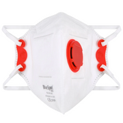 An image showing a FFP3 P3 Blue Spot Fold Flat Dust Mask. It is a white face mask with a red valve and 'Blue Spot' branding against a white background