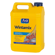 A 5ltr yellow container of Feb Wintamix frostproofer and mortar plasticiser on a white background