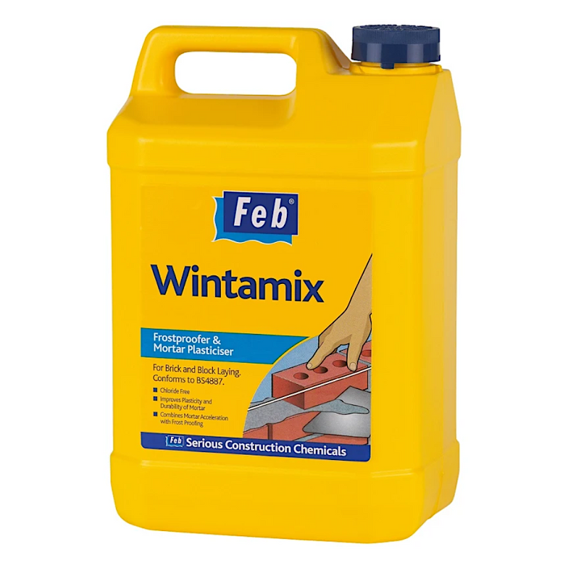 A 5ltr yellow container of Feb Wintamix frostproofer and mortar plasticiser on a white background
