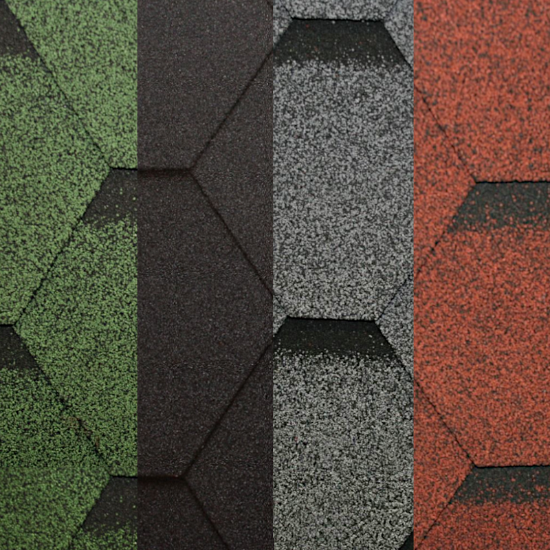An image of the different colours that Hexagonal Felt shingles come in. Black, Green, Grey and Red.