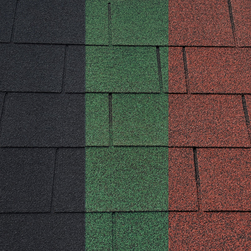 An image of the different colours that Square Felt shingles come in. Black, Green and Red.