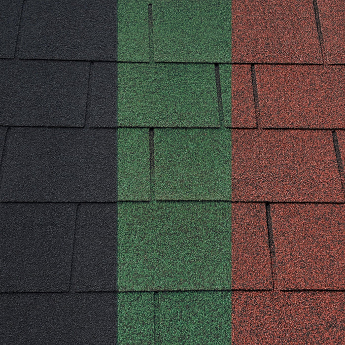 An image of the different colours that Square Felt shingles come in. Black, Green and Red.