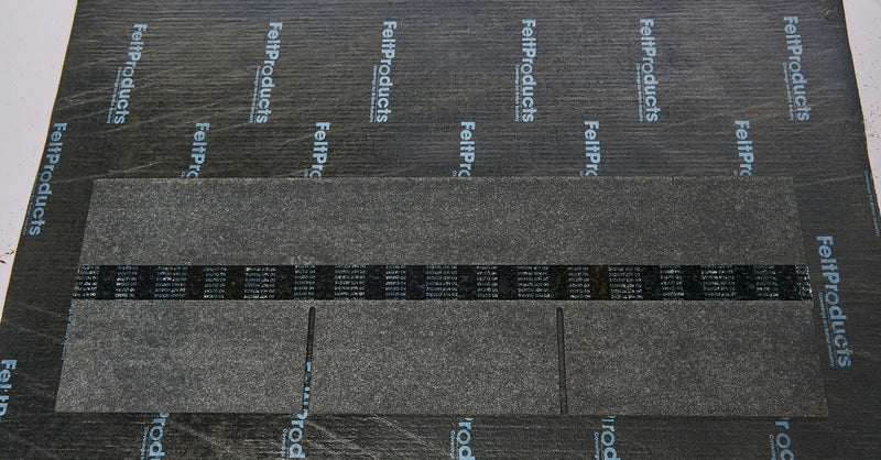 An image of a Felt Products Square Shingle and the back showing an adhesive strip.