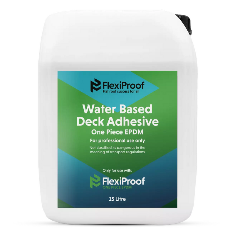An image of FlexiProof EPDM Water Based Deck Adhesive (WBA) in a 15Ltr bottle.