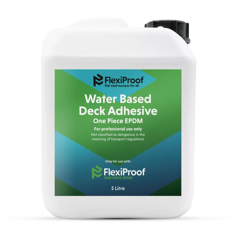 An image of FlexiProof EPDM Water Based Deck Adhesive (WBA) in a 5 Litre bottle.