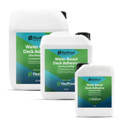 An image of FlexiProof EPDM Water Based Deck Adhesive (WBA) in the three sizes it is sold in 15 Litres, 5L and 2.5ltr