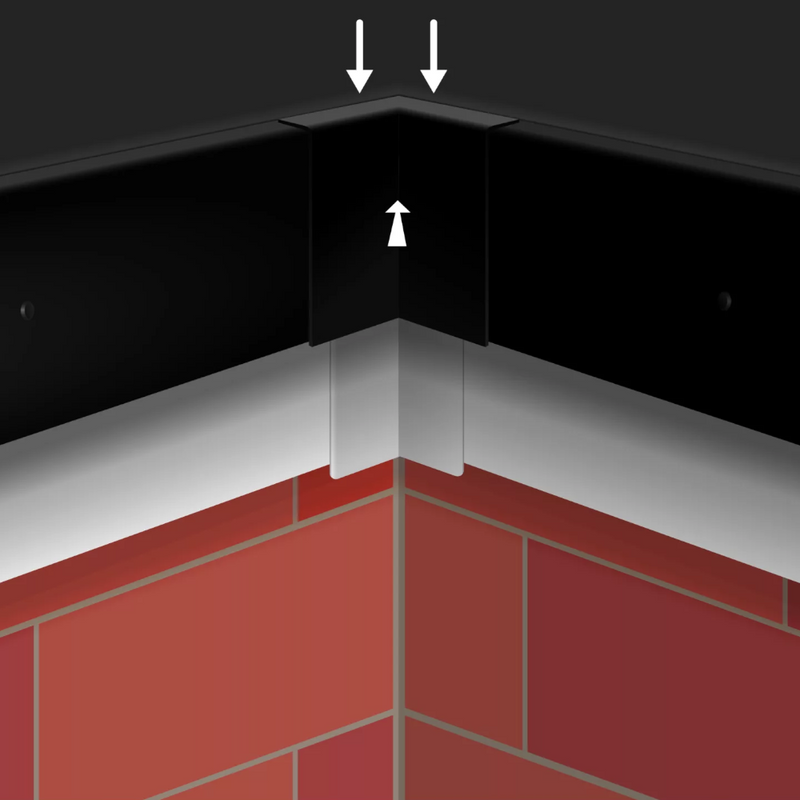 An image of a FlexiProof Integra-Trim Cellular Gutter Drip Internal Corner installed to show where it is fitted.