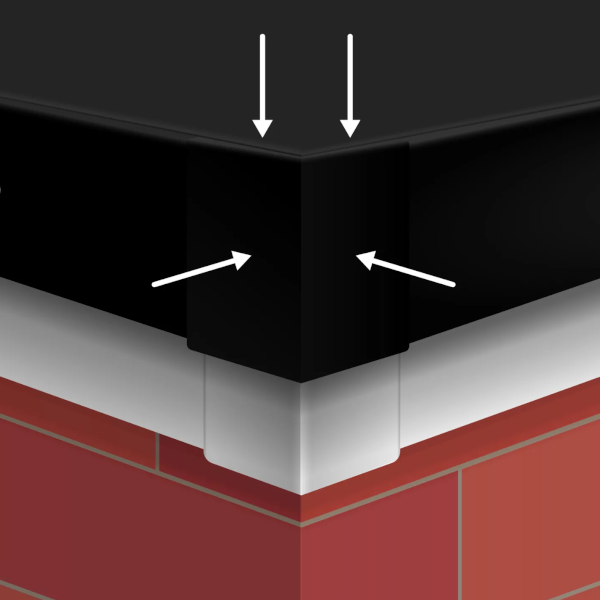 An image showing a FlexiProof Integra Trim Solid Gutter Drip External Corner in the colour Matte Black and where it is fitted on a roof.