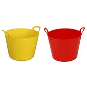 An image showing a pair of Flexible Tubs / Buckets. One is Red and the other is Yellow. They have a 26ltr capacity.