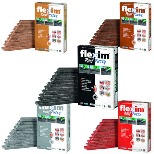 An image of the different colours of Flexim Roof Putty including Black, Grey, light Brown, Dark Brown and Red.