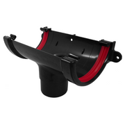 An image of a FreeFoam Freeflow 112mm Half Round Gutter Running Outlet in Black and has red seals.