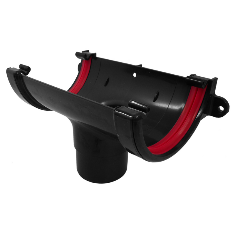 An image of a FreeFoam Freeflow 112mm Half Round Gutter Running Outlet in Black and has red seals.