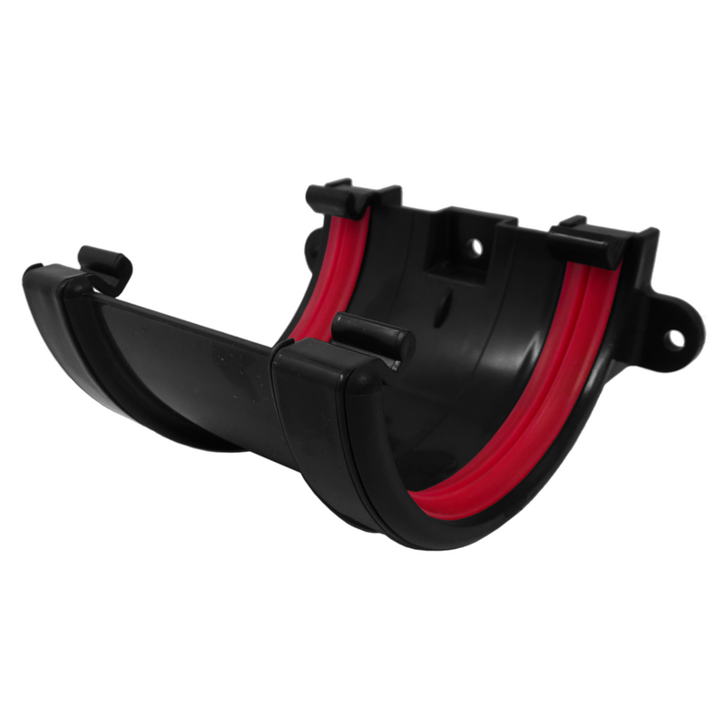 An image of a FreeFoam Freeflow 68mm Half Round Gutter Union Bracket in Black with red seals