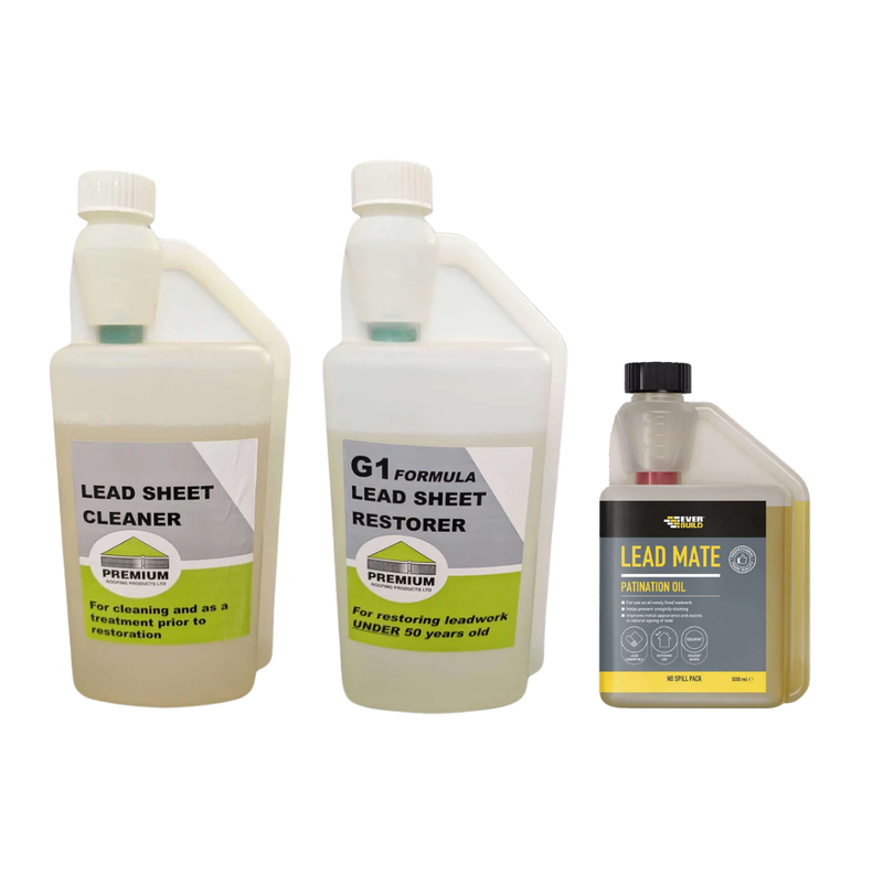 An image showing a Lead Sheet Cleaner, G1 Lead Sheet Restorer and Patination Oil that can be purchased as a Bundle.