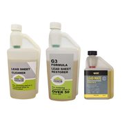 An image showing a Lead Sheet Cleaner, G3 Lead Sheet Restorer and Patination Oil that can be purchased as a Bundle.